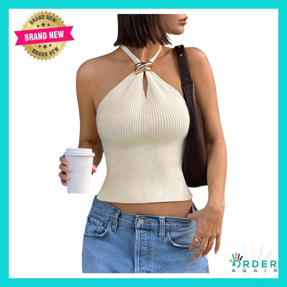 Ribbed Halter Cropped Top Sleeveless Racerback Chic Y2k Date Night